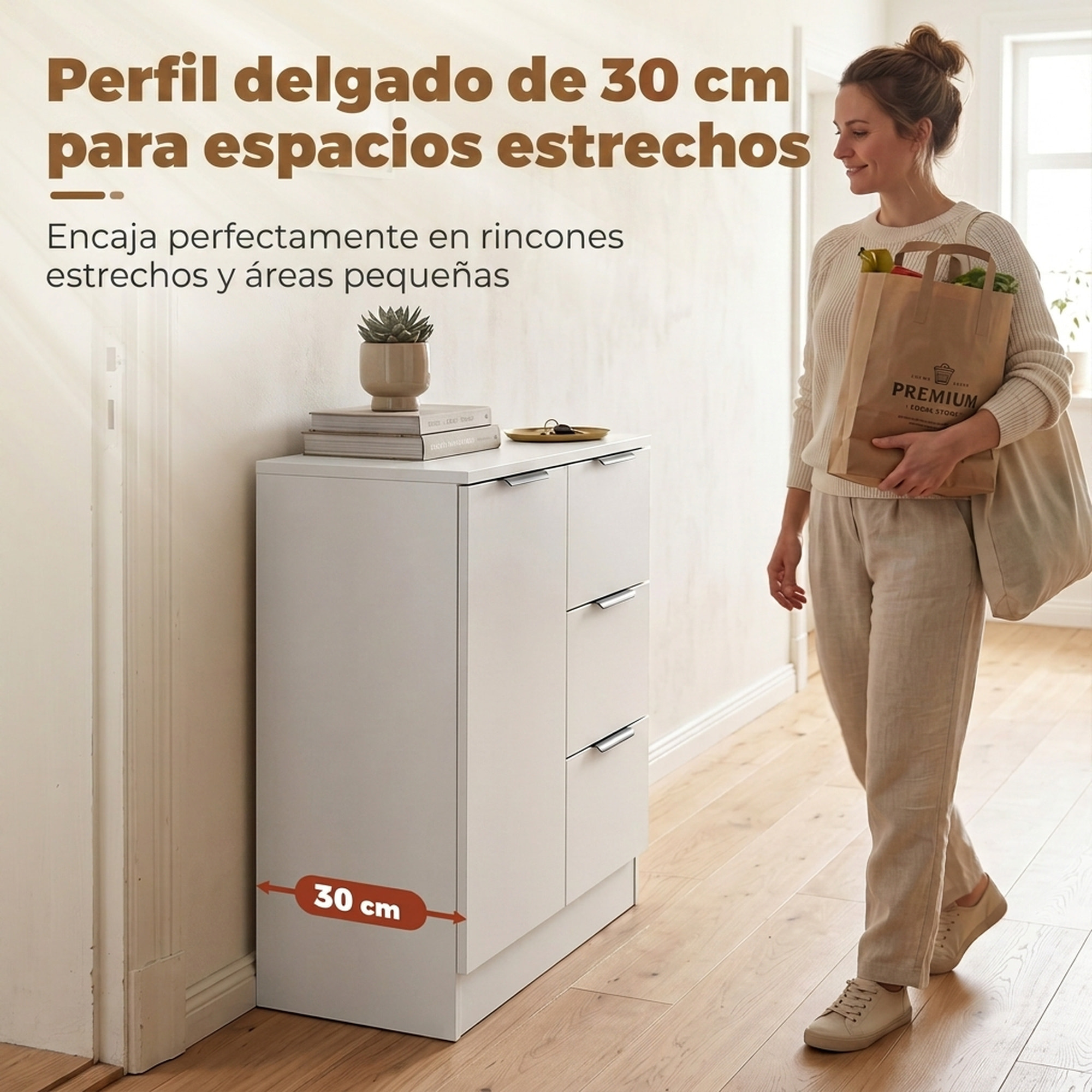HOMCOM Aparador, Aparador de Salón Estrecho con 3 Cajones y Puerta de Cierre Suave, Armario de Cocina de Almacenaje Moderno, para Entrada, Comedor, 60x30x70 cm, Blanco