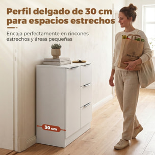 HOMCOM Aparador, Aparador de Salón Estrecho con 3 Cajones y Puerta de Cierre Suave, Armario de Cocina de Almacenaje Moderno, para Entrada, Comedor, 60x30x70 cm, Blanco