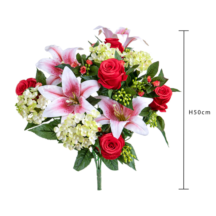 Bouquet Lilium/Achillea 50 Cm - Pezzi 1 - 18X50X18cm - Colore: Rosso - Bianchi Dino - Fiori Artificiali