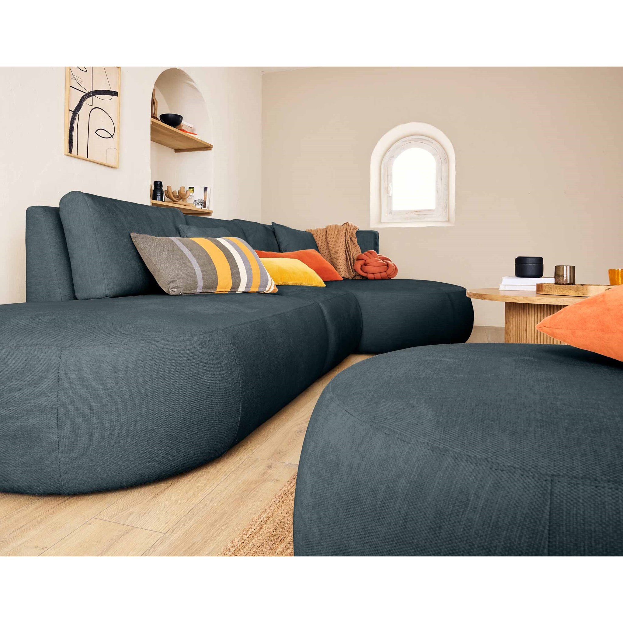 Santorini - module d'assise gauche - en tissu texturé - Bleu grisé