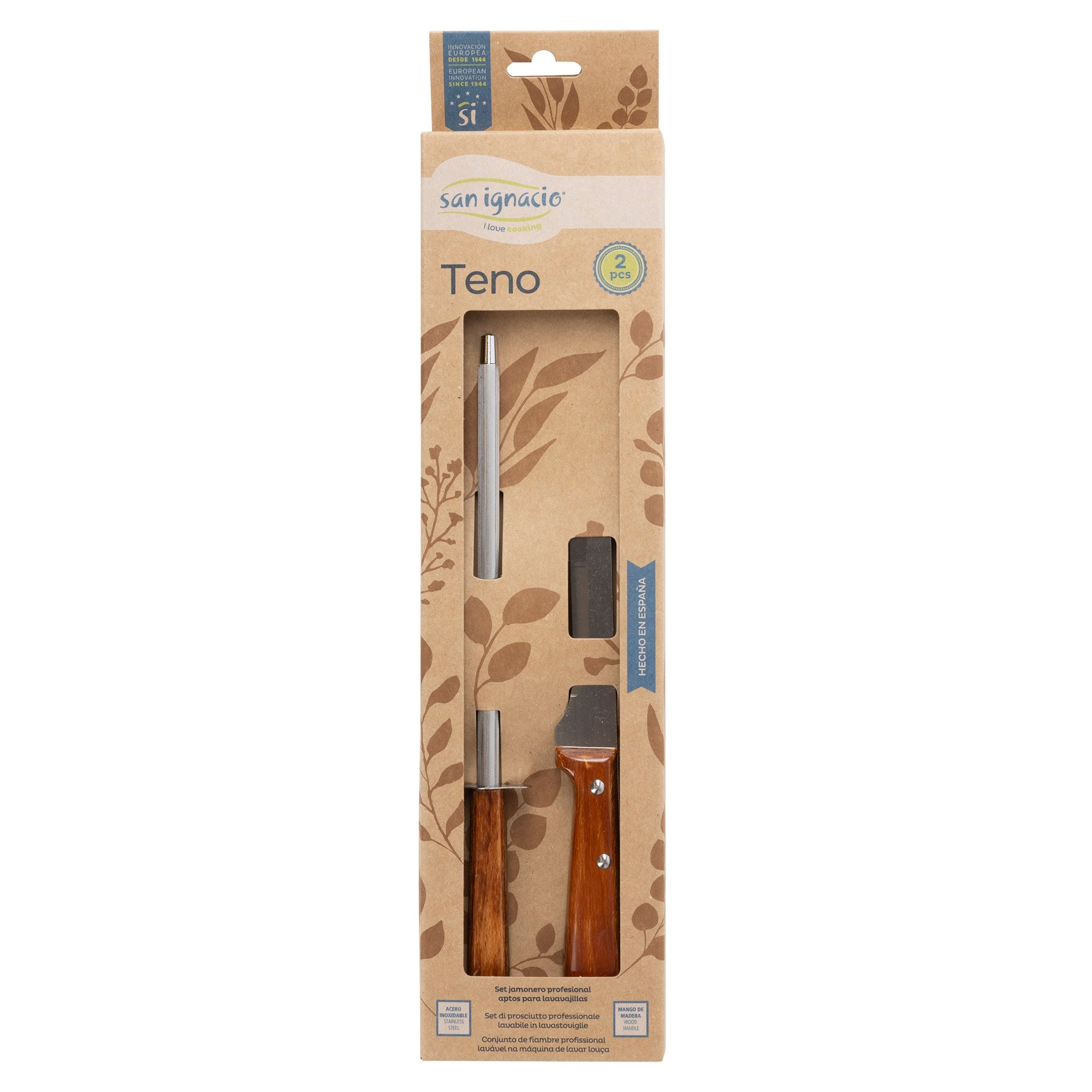 Set cuchillo jamonero + chaira hierro + madera prensada con mango san ignacio