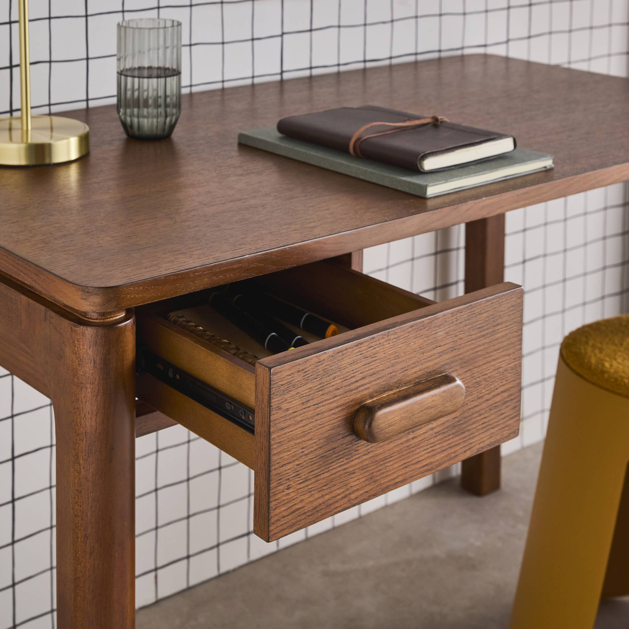 Bureau bois d'hévéa placage chêne 1 tiroir noyer - L 120 x l 60 x H 75 cm - Garance