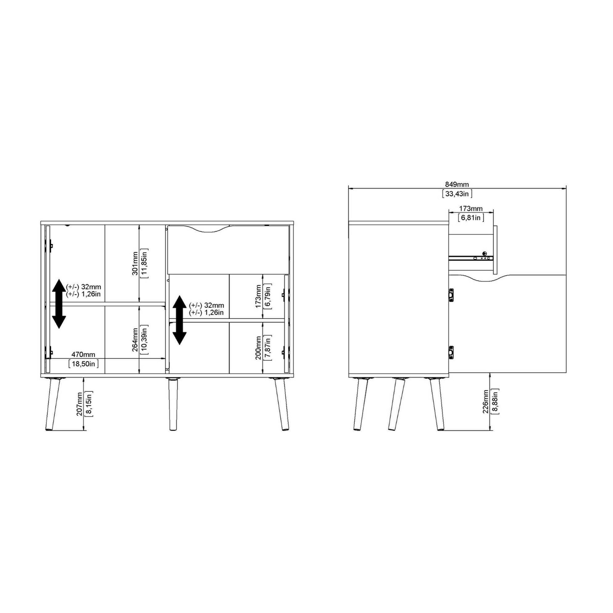 Credenza a due ante e un cassetto, colore bianco e rovere, Misure 98 x 81 x 39 cm