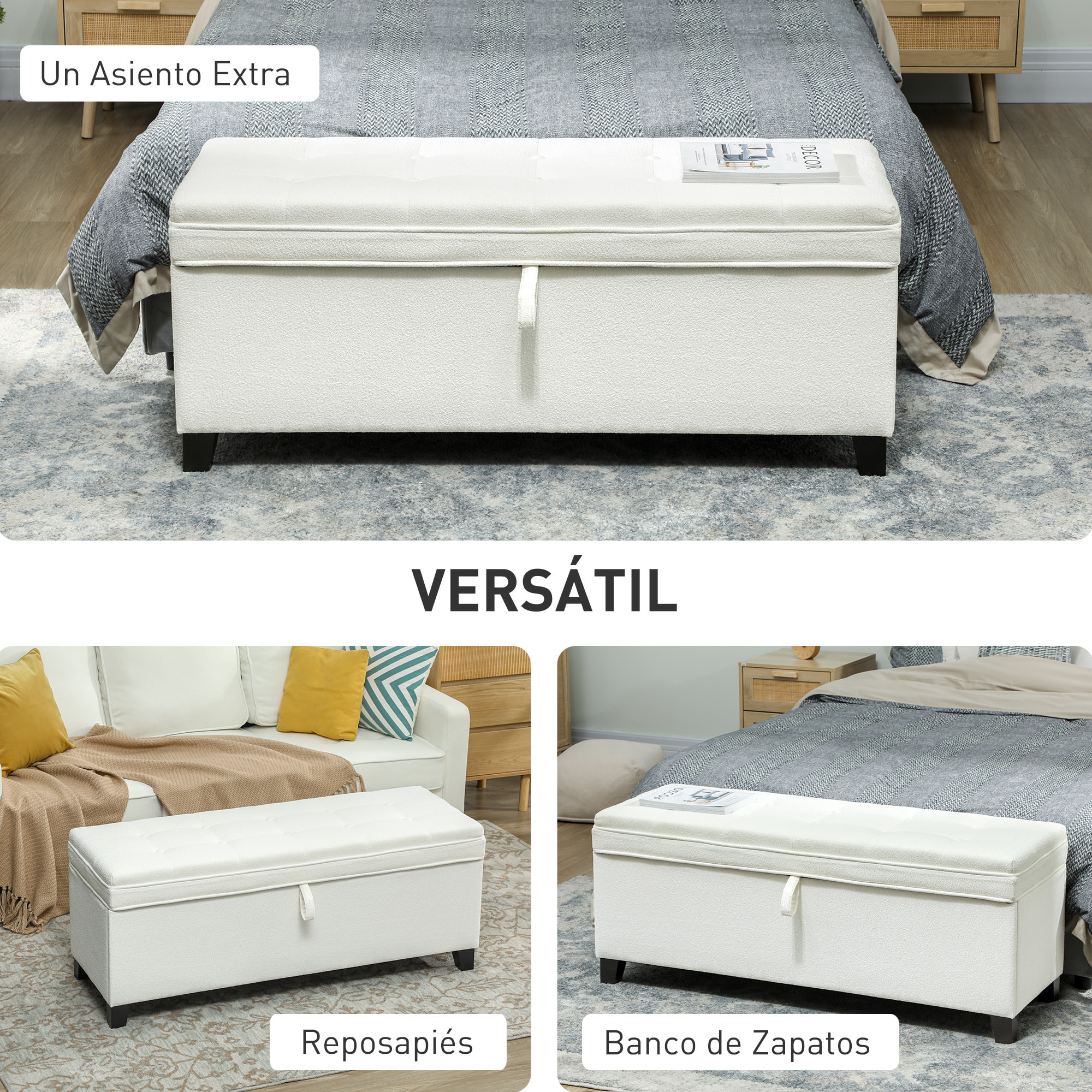 Puff Almacenaje Banco Almacenaje 112L Tapizado en Lino con 2 Bisagras de Seguridad Tapa Abatible y Asiento con Capitoné para Dormitorio Salón Entrada Carga 120 kg 120x40x48 cm Crema