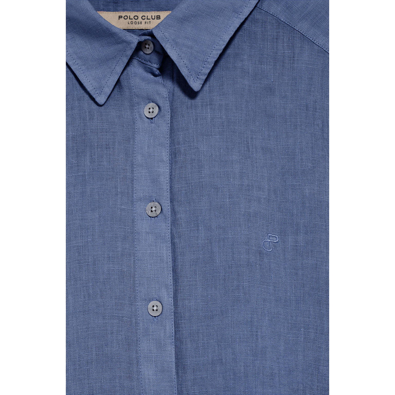 Camisa azul royal garment dye de lino con monograma bordado