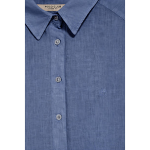 Camisa azul royal garment dye de lino con monograma bordado