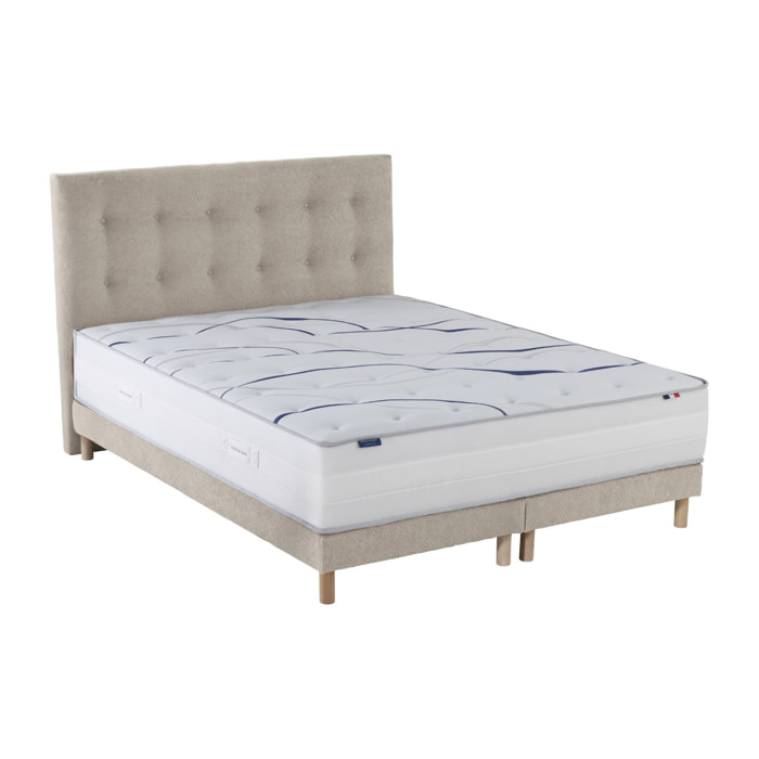 Ensemble matelas mousse ELYSIA + sommier + tête de lit, chenille bouclettes Crème