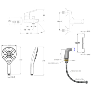 Mitigeur baignoire Aimé + pommeau de douche Metro signature + flexible de douche lisse + colonnettes Idro'Flex