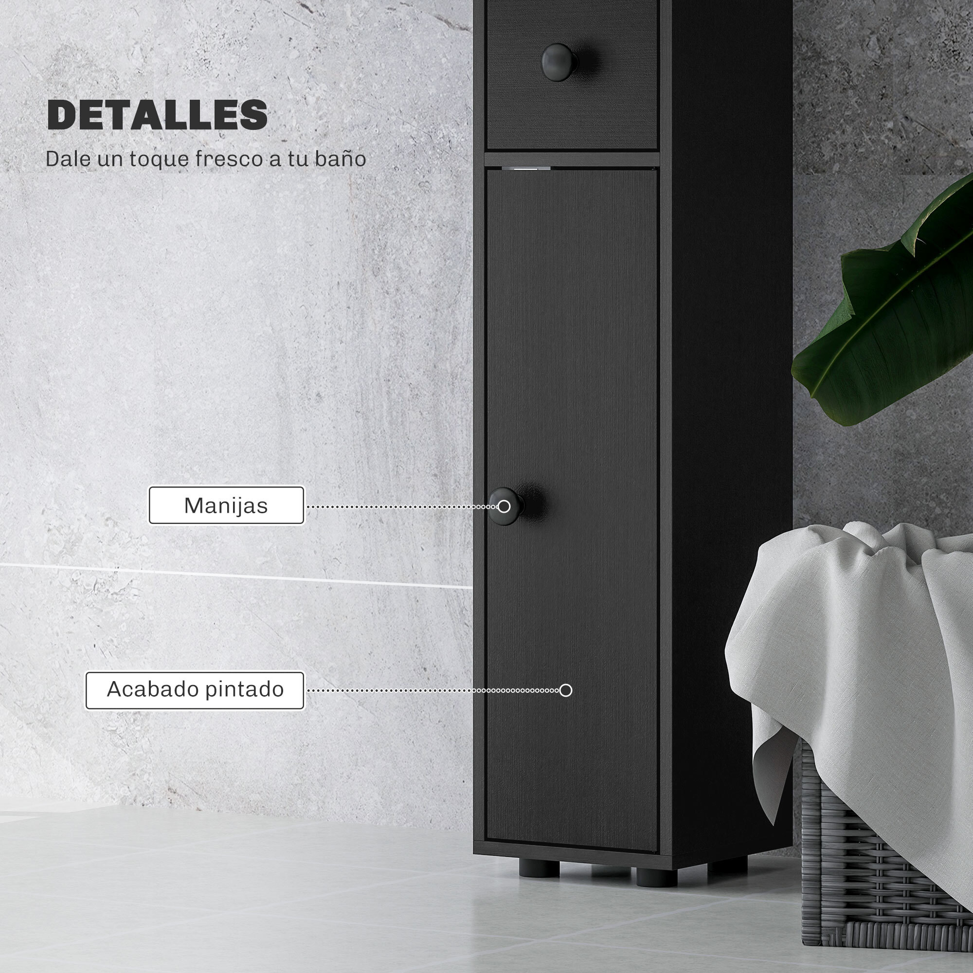 Armario de Baño Alto, Columna de Baño Estrecha con 1 Cajón, 4 Estantes Abiertos y Estantes Ajustables, 2 Puertas, Estilo Moderno, para Espacios Pequeños, 20x20x180 cm, Negro