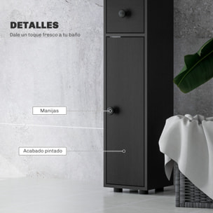 Armario de Baño Alto, Columna de Baño Estrecha con 1 Cajón, 4 Estantes Abiertos y Estantes Ajustables, 2 Puertas, Estilo Moderno, para Espacios Pequeños, 20x20x180 cm, Negro