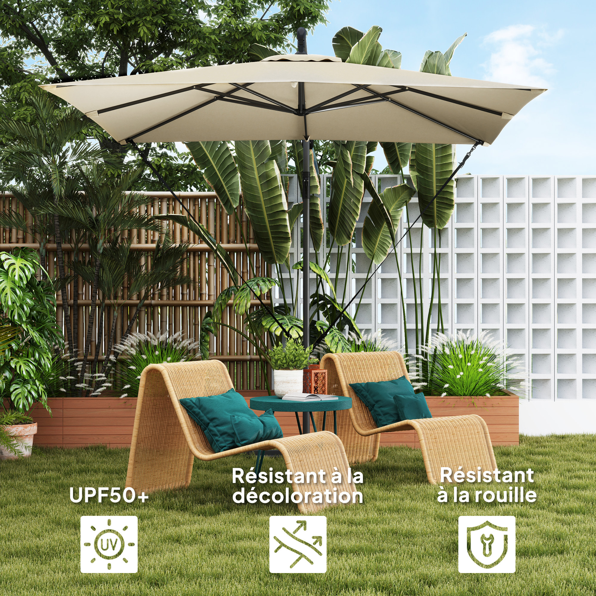Parasol déporté carré inclinable 2,5 x 2,5 m - manivelle - housse protection incluse - kaki