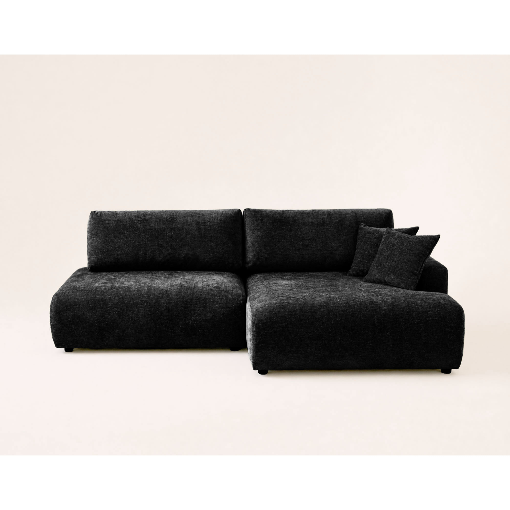 Pivoine - Canapé d'angle ouvert droit 4 places convertible avec coffre en tissu texturé - Noir