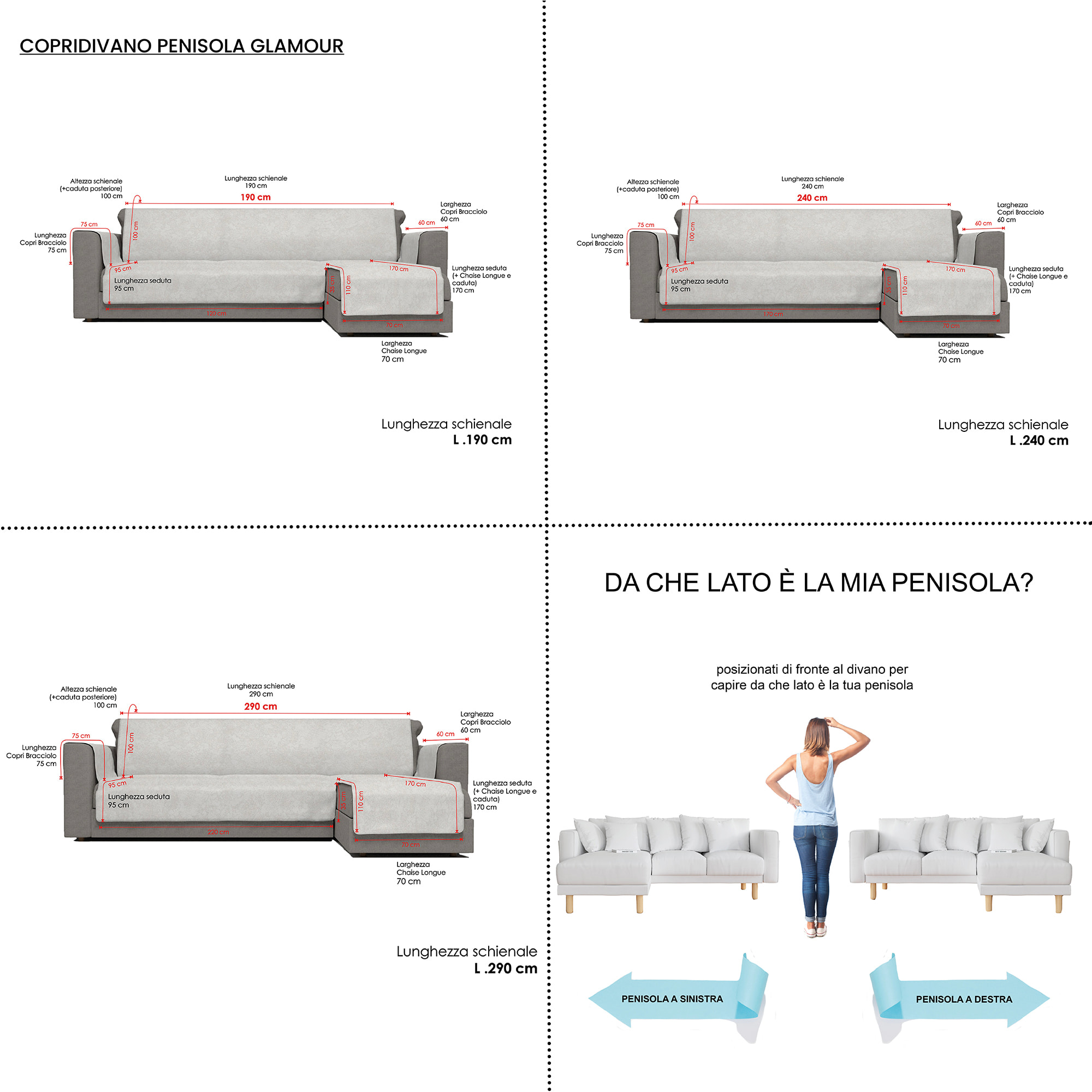 COPRIDIVANO GLAMOUR con Penisola DESTRA, Antiscivolo, Cotone+Microfibra+Fibre Varie, Made in Italy - GRIGIO SCURO