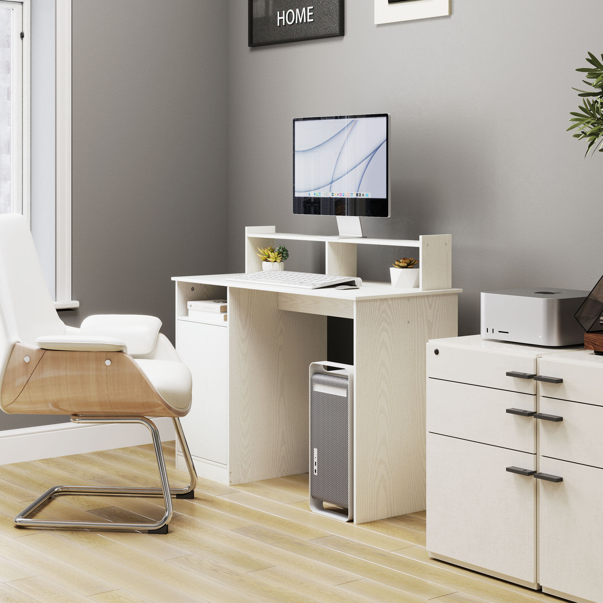 Escritorio con Estantería Moderno Escritorio con Puerta Compartimentos Abiertos y Soporte para Monitor Mesa para Estudio Dormitorio Hogar Oficina 108x50x94 cm Crema
