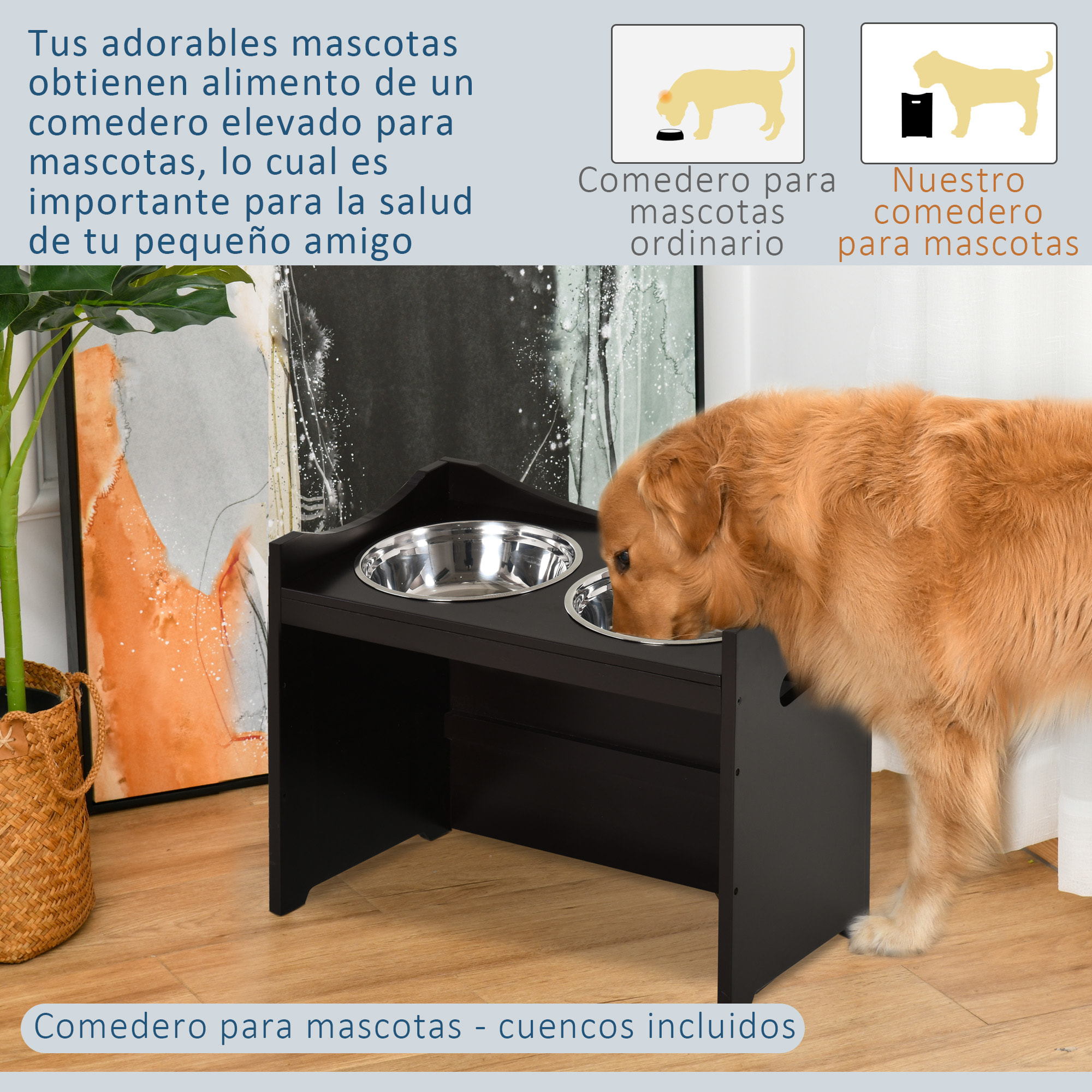 Comedero para Perros Elevado Cuencos para Perros con 2 Tazones de Acero Inoxidable y Altura Ajustable 54x31,5x47 cm Café