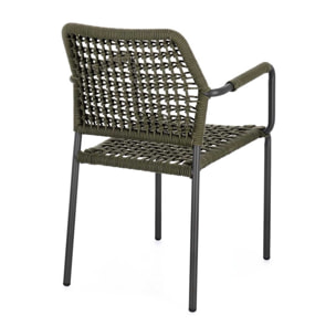 Set di 4 sedie con braccioli MIRANDA in alluminio antracite e corda verde, impilabili