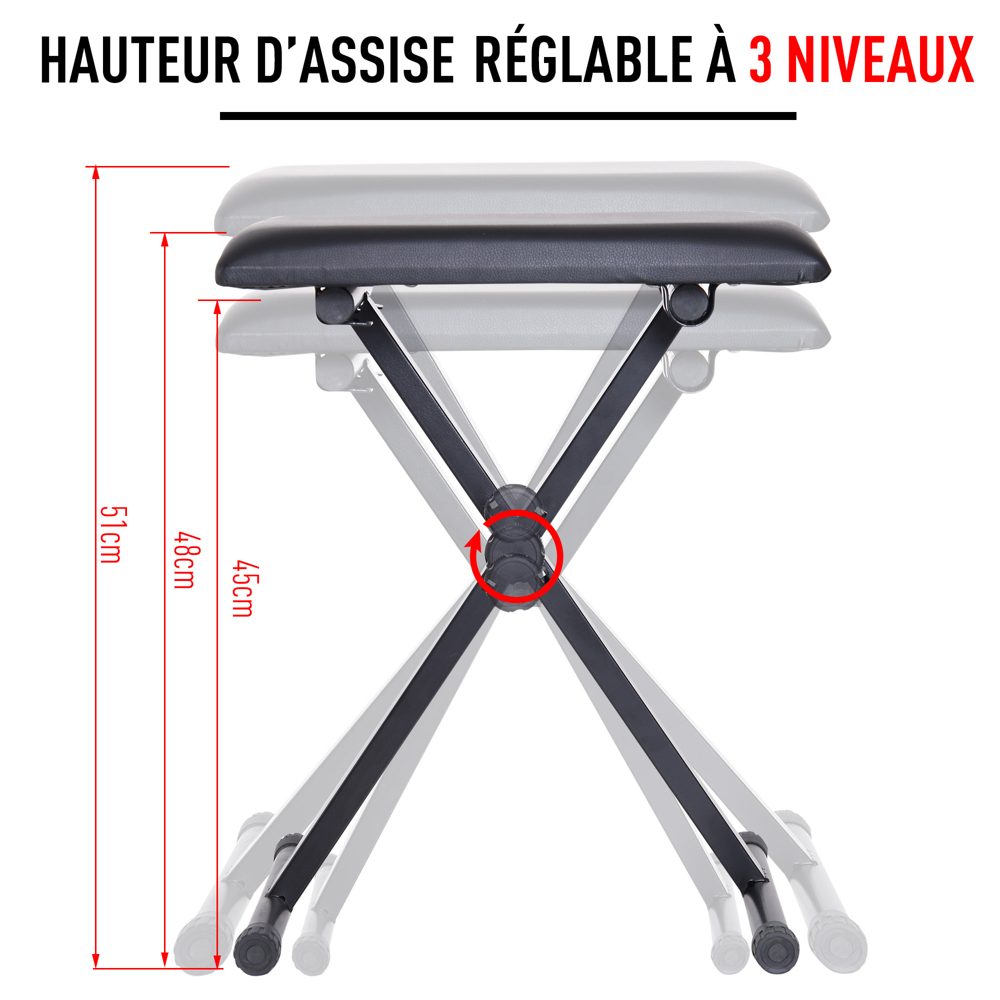 HOMCOM Tabouret banquette réglable pliable pour piano et clavier acier revêtement synthétique noir