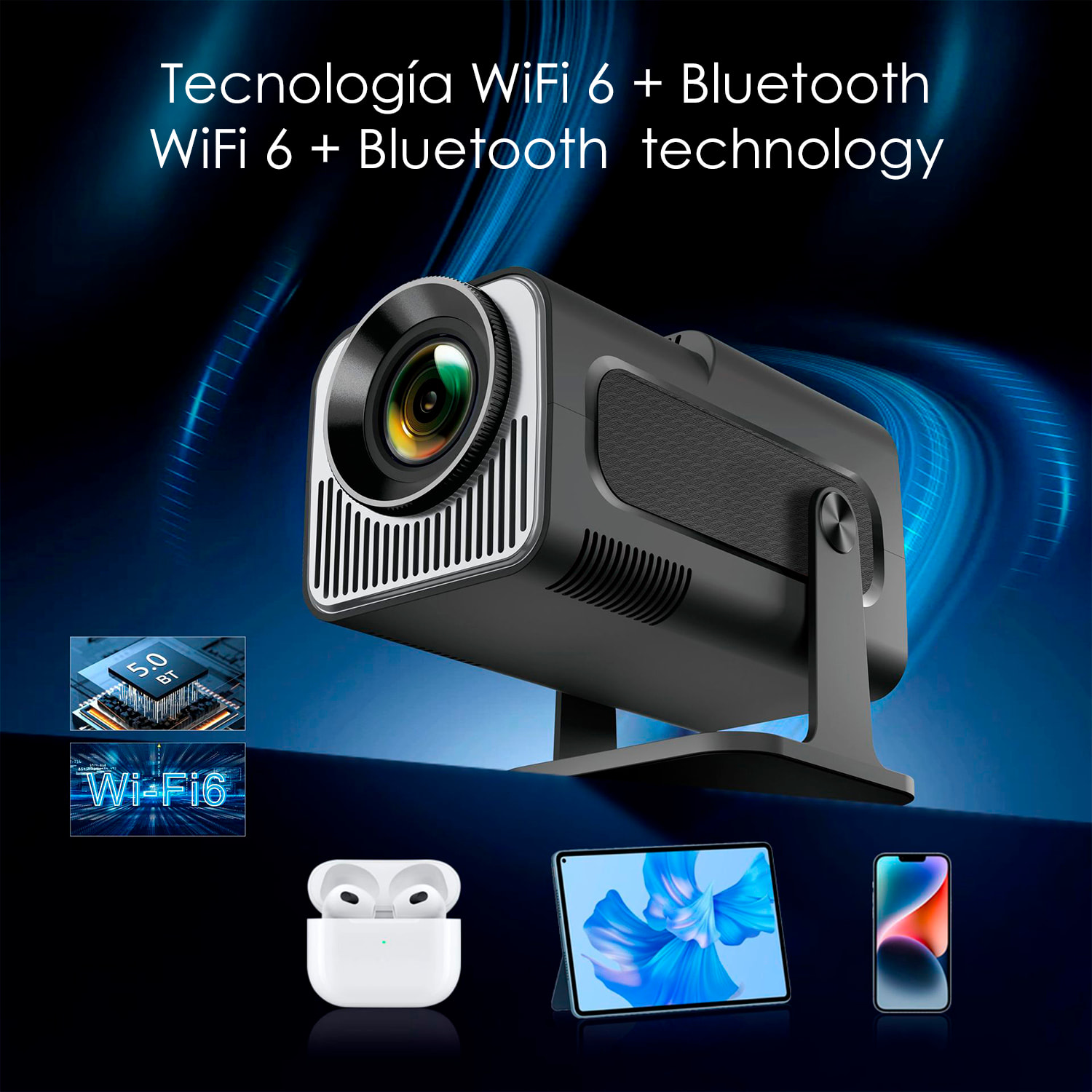 Proiettore LCD HY320, supporto 4K UHD, con wifi 6, duplicazione dello schermo per iOS e Android. Da 40 a 200 pollici, 300 lm. Con telecomando.