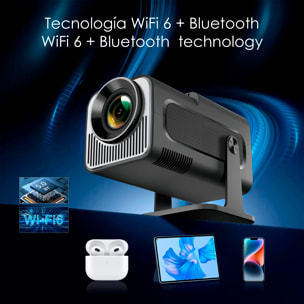 Proiettore LCD HY320, supporto 4K UHD, con wifi 6, duplicazione dello schermo per iOS e Android. Da 40 a 200 pollici, 300 lm. Con telecomando.