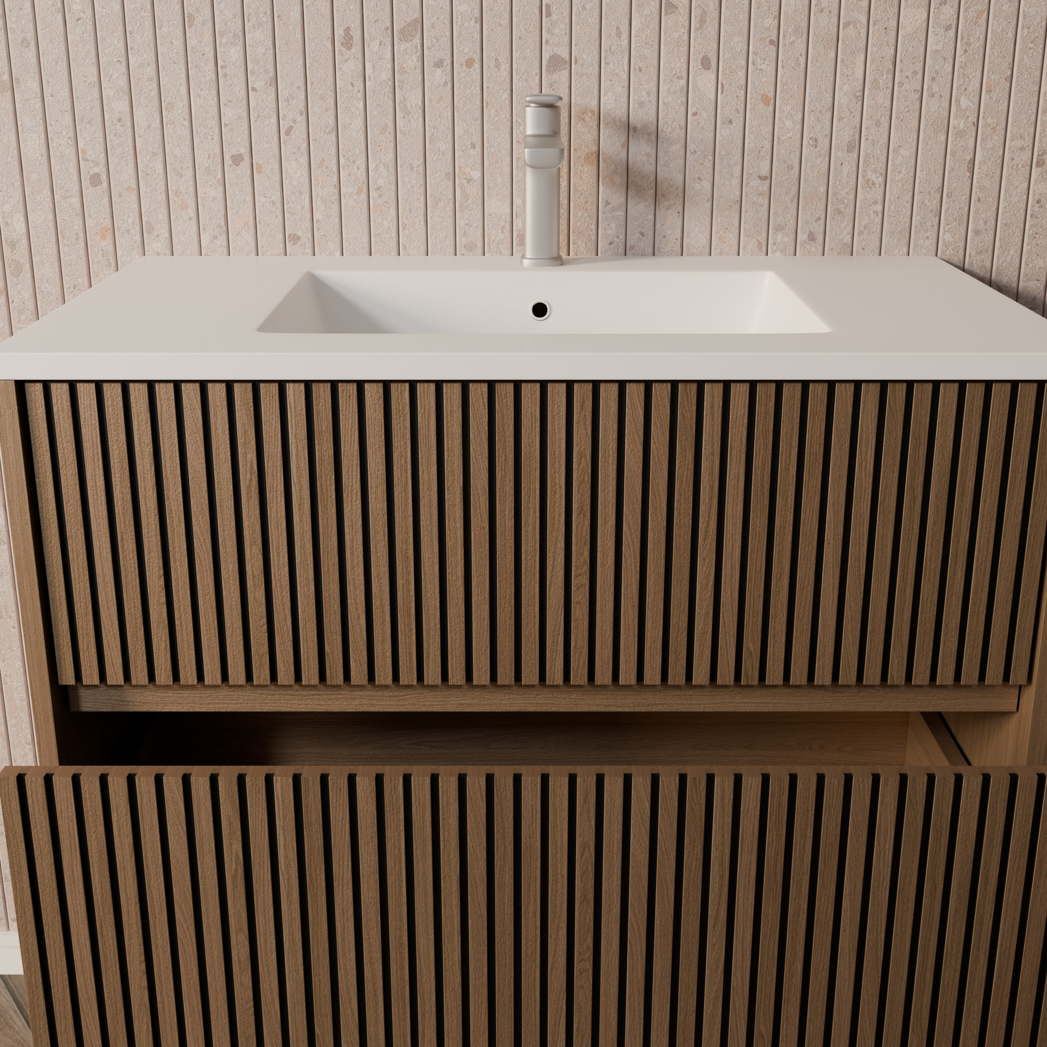 Meuble Salle de Bains YUKI 60 2 Tiroirs Décor Chêne et Noir - Vasque Blanche - Miroir Ovale 50x80