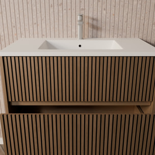 Meuble Salle de Bains YUKI 60 2 Tiroirs Décor Chêne et Noir - Vasque Blanche - Miroir Ovale 50x80