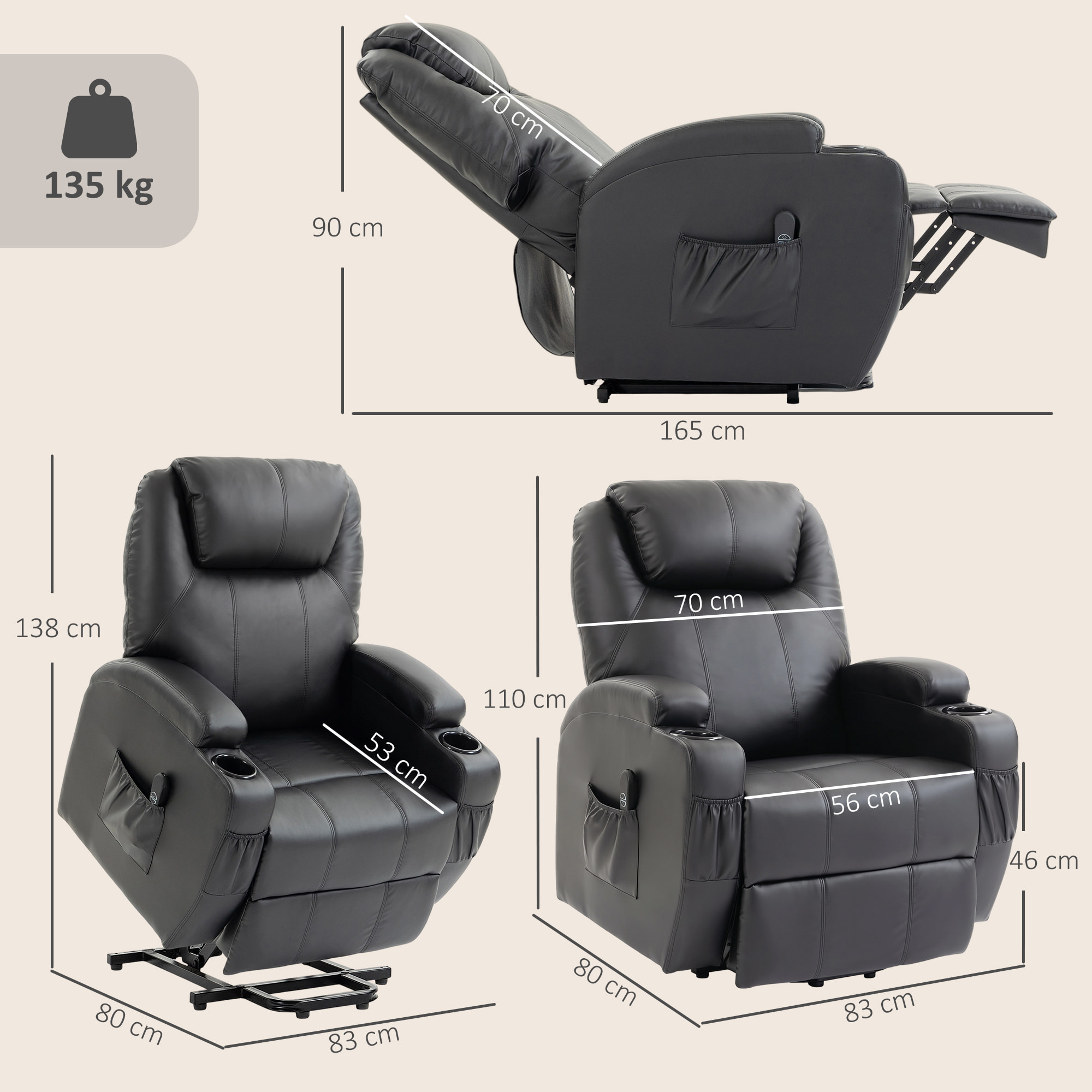 Fauteuil releveur électrique inclinable repose-pied relevable télécommande noir