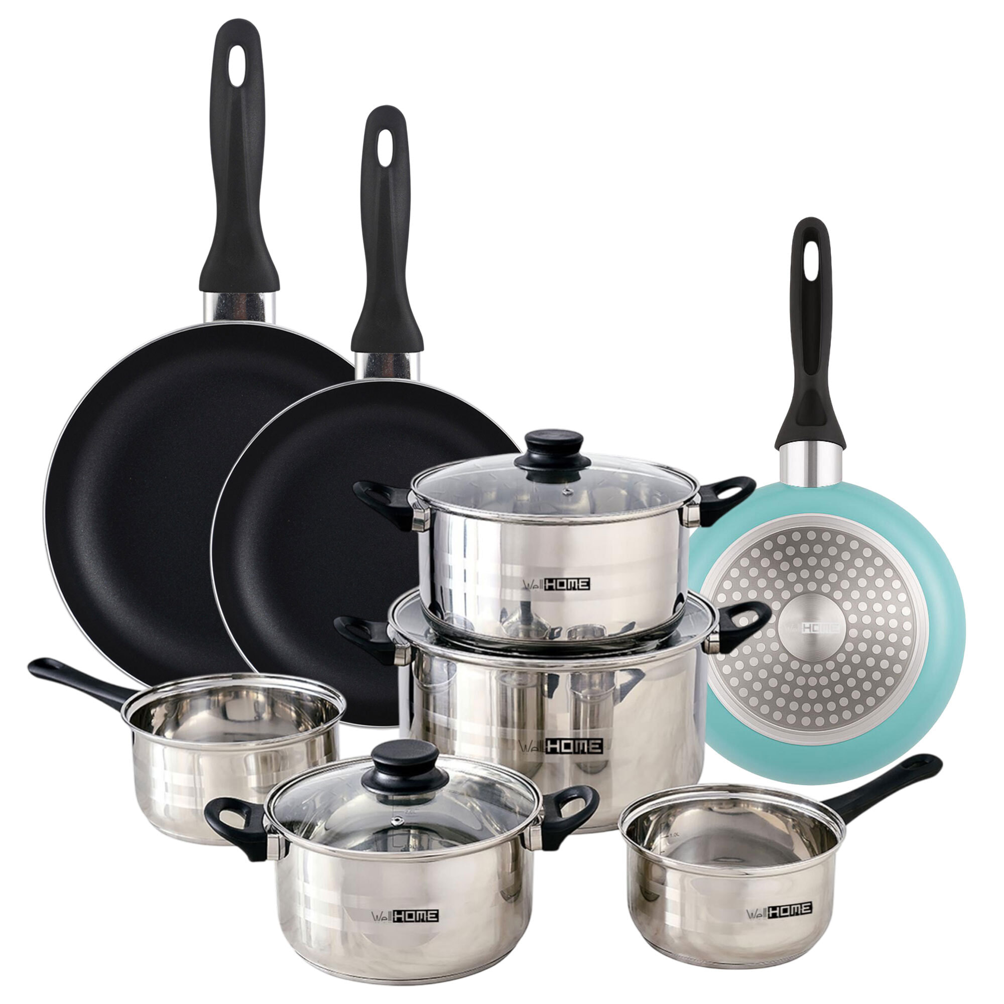 set de batería de cocina de 8pc en acero inoxidable + 3 sartenes ø16ø20ø24cm azul mate en aluminio prensado
