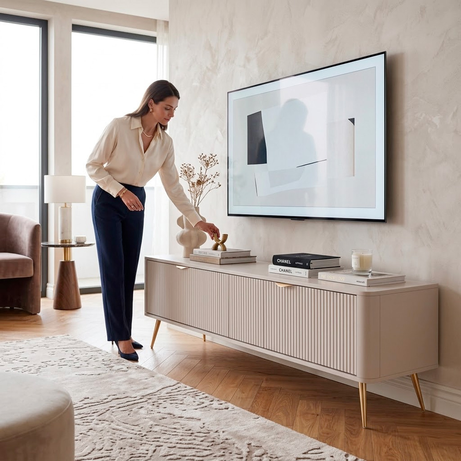 Mobile Porta TV Con 2 Ante A Ribalta Finitura Cannettato Mobiletto Design Moderno Elegante Piedini Slanciati Soggiorno Camera  200 x 51 x 38 Cm Cashmere