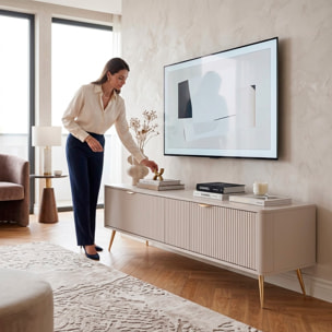 Mobile Porta TV Con 2 Ante A Ribalta Finitura Cannettato Mobiletto Design Moderno Elegante Piedini Slanciati Soggiorno Camera  200 x 51 x 38 Cm Cashmere