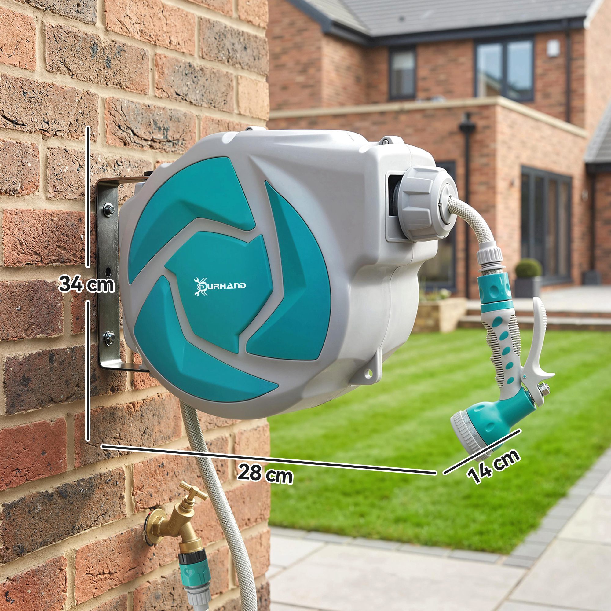 Enrollador de Manguera para Jardín 10+1 m con Boquilla de 7 Funciones, Carrete de Manguera de Jardín de Pared, Giratorio 180°, con Retorno Enrollado Automático, Gris Claro y Verde