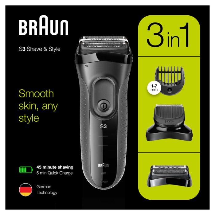 Braun - Rasoir Électrique Series 3 Shave & Style 3000BT - Noir/Gris