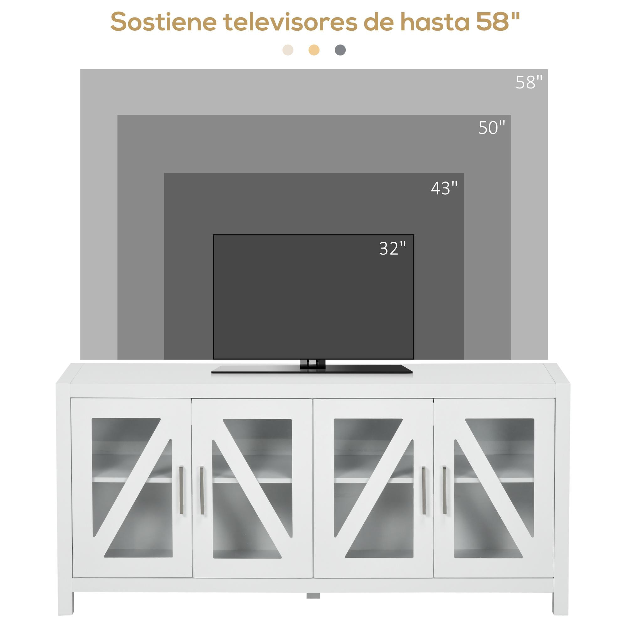 Mueble TV de Salón Mesa para Televisores de hasta 58'' con 4 Puertas de Vidrio Templado Estantes Ajustables y 4 Orificios para Cables para Dormitorio 130x35x60 cm Blanco