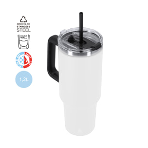 Caraffa termica da 1,2 L in acciaio inossidabile riciclato. Dispone di un doppio sistema di bere: foro con chiusura ermetica e cannuccia integrata. Senza BPA.