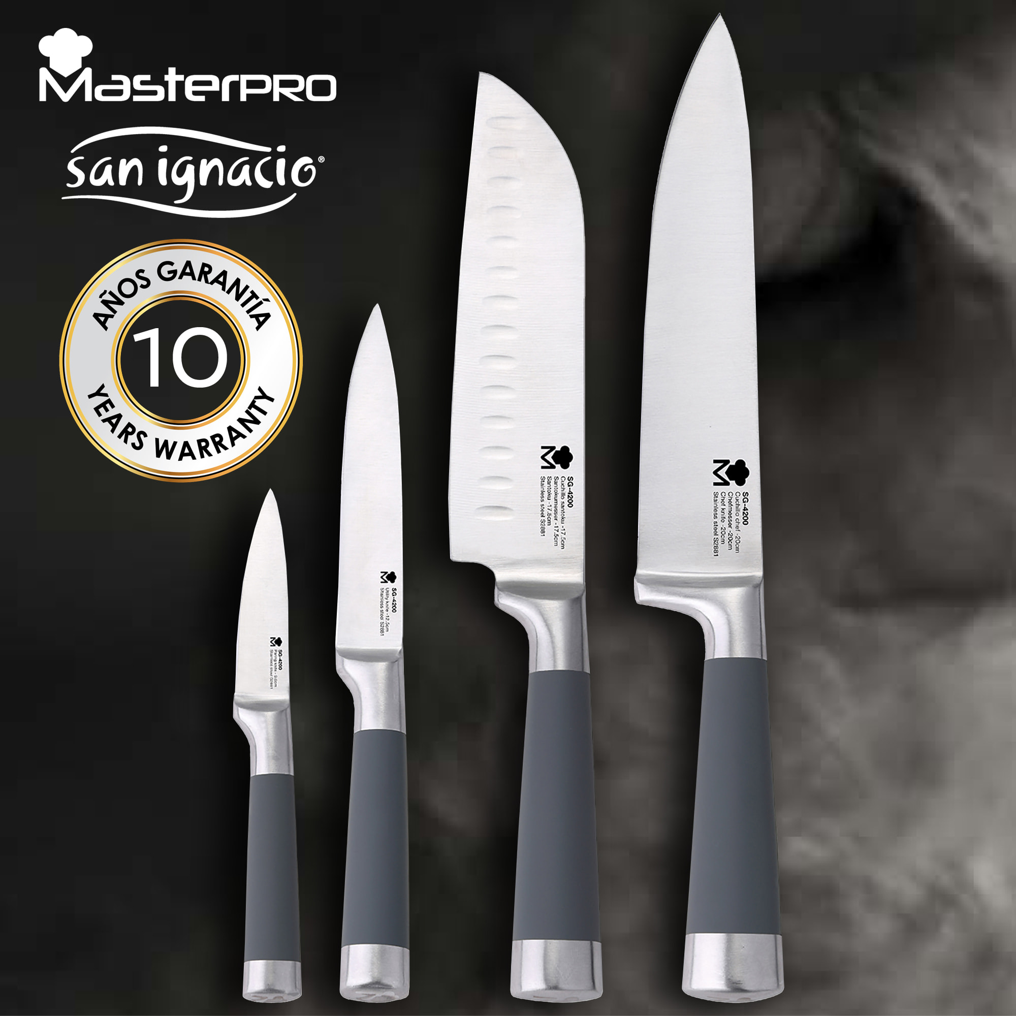 Set 4 cuchillos de cocina  Masterpro con pack de 4 tablas de corte con soporte de bambú