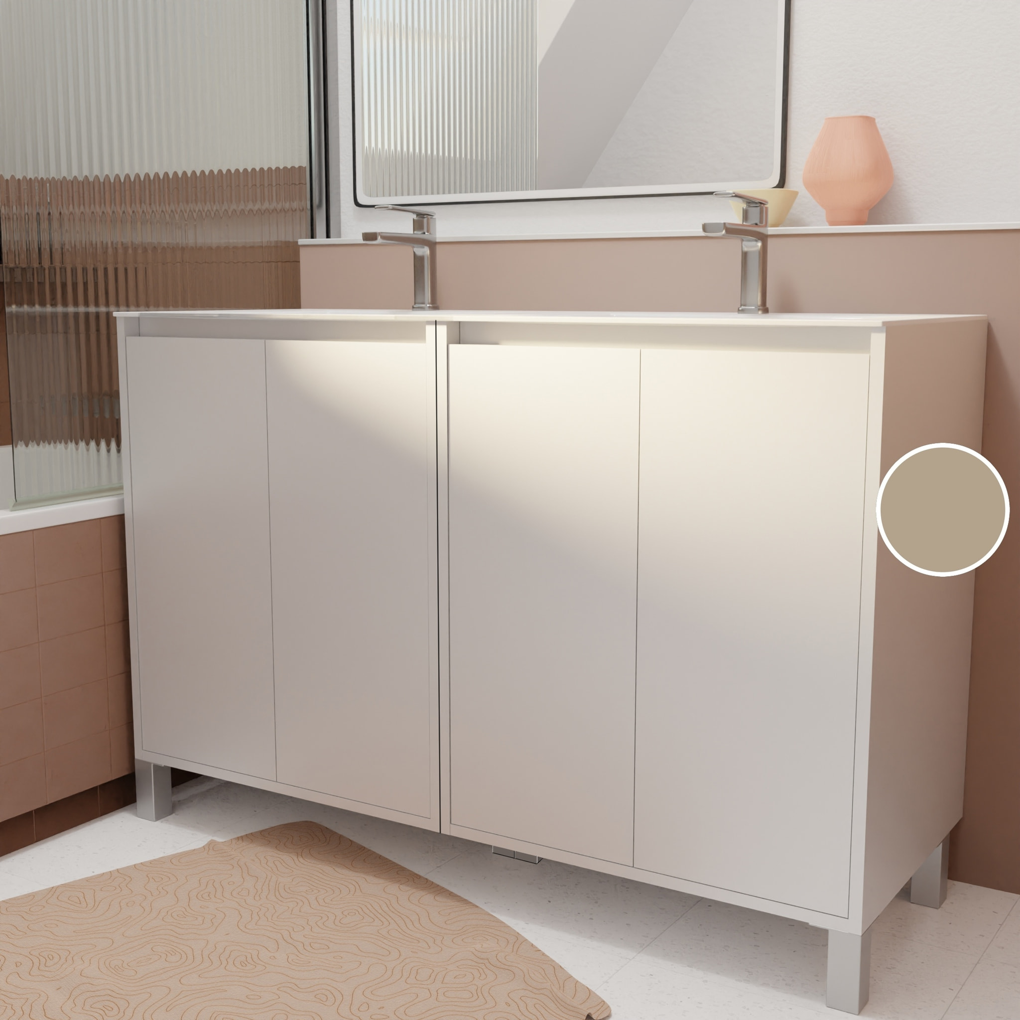 Pack Meuble Salle de Bains 120 cm Laqué Blanc, 4 portes avec Vasque Céramique - XENOS
