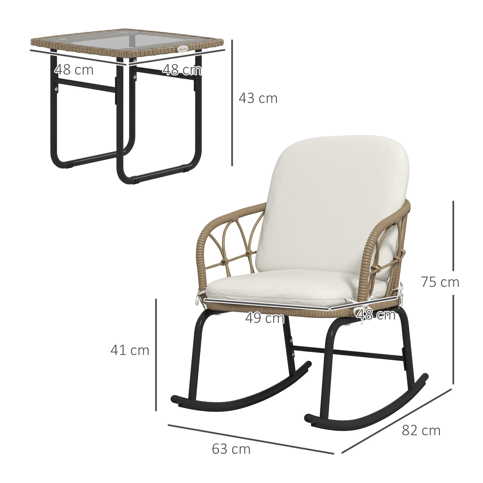 Conjunto de Muebles de Ratán de 3 Piezas Cojunto de Mecedoras de Jardín con 1 Mesa de Centro 2 Mecedoras y Cojines para Jardín Terraza Patio Crema y Beige