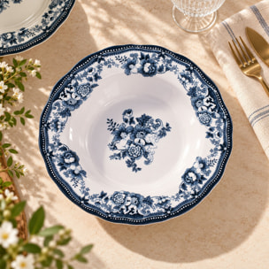 Lot de 6 assiettes creuses 22cm fleuries en grès bleu  FAUSTINE
