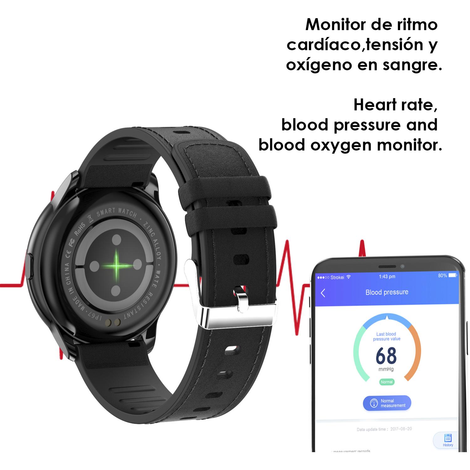 Smartwatch Y90 con 8 modalità sportive, O2 e monitor della pressione sanguigna. Notifiche con messaggio sullo schermo. Cinturino in pelle.