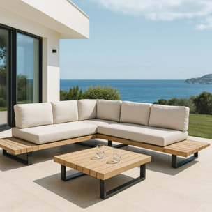 Salon de jardin en bois d'acacia et coussins beige 6 places DOURO