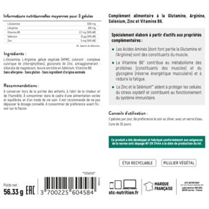 STC NUTRITION - Glutamine 1200 - Synthèse des protéines & protection immunitaire - 100% vegan - Anti-Dopage - Cure de 30 jours - 90 gélules