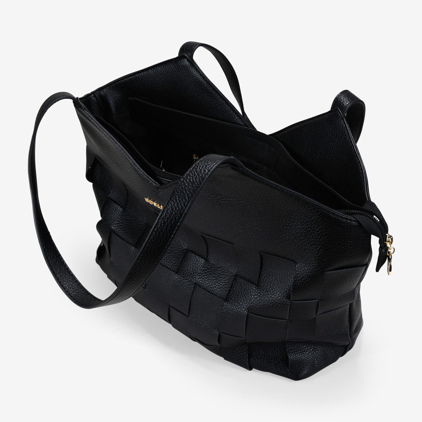 Bolso tote negro con tiras entrelazadas y cremallera