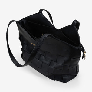 Bolso tote negro con tiras entrelazadas y cremallera
