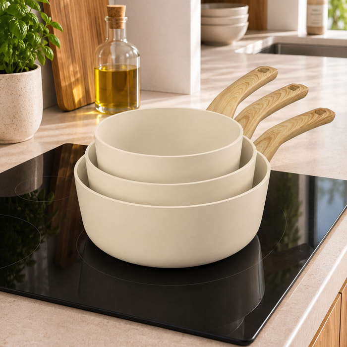 Lot de 3 casseroles revêtement céramique crème - tous feux CREME