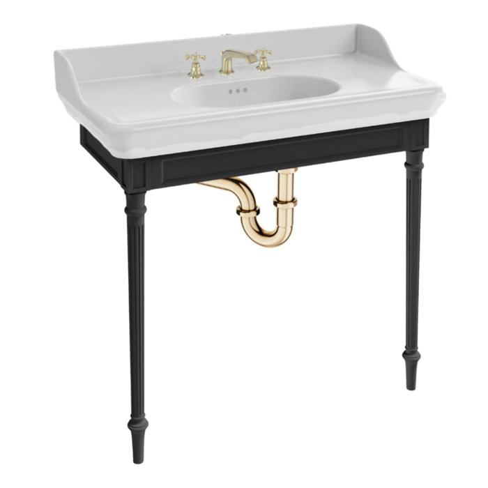 Console Cléo 1889 avec plan vasque 3 trous + mélangeur croisillon lavabo or + siphon or