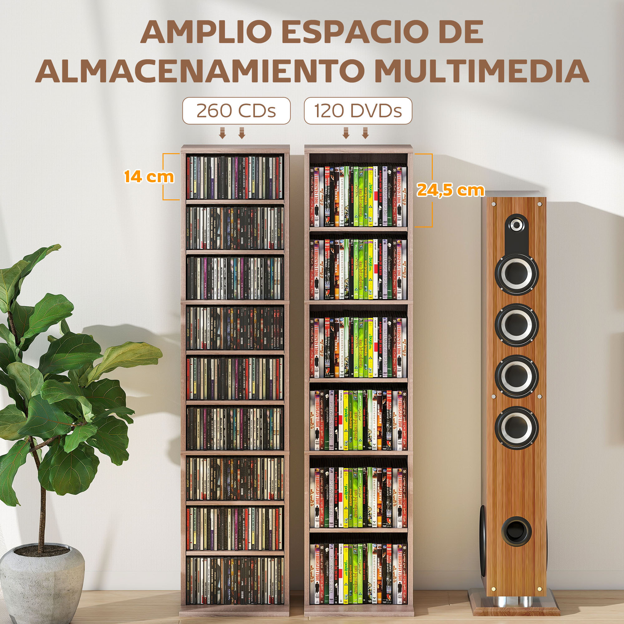 Estantería para CDs y DVDs Soportes para CD Estrechos con 9 Compartimentos Estantes Ajustables para Salón Oficina 33x24x140 cm Madera Natural