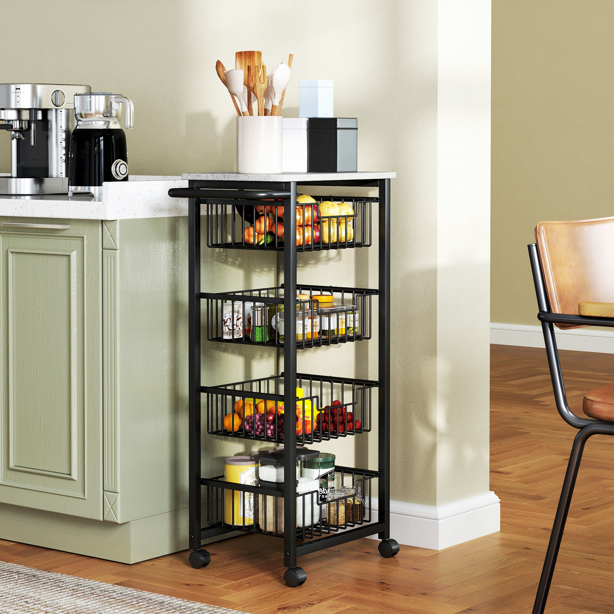 Carrito de Cocina Carrito Verdulero para Cocina con 4 Cestas Deslizables y Marco de Acero Carrito Auxiliar con Ruedas para Comedor 49,5x31x91 cm Gris Claro