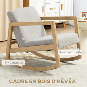 Fauteuil lounge à bascule bois hévéa revêtement effet peau de mouton polyester gris