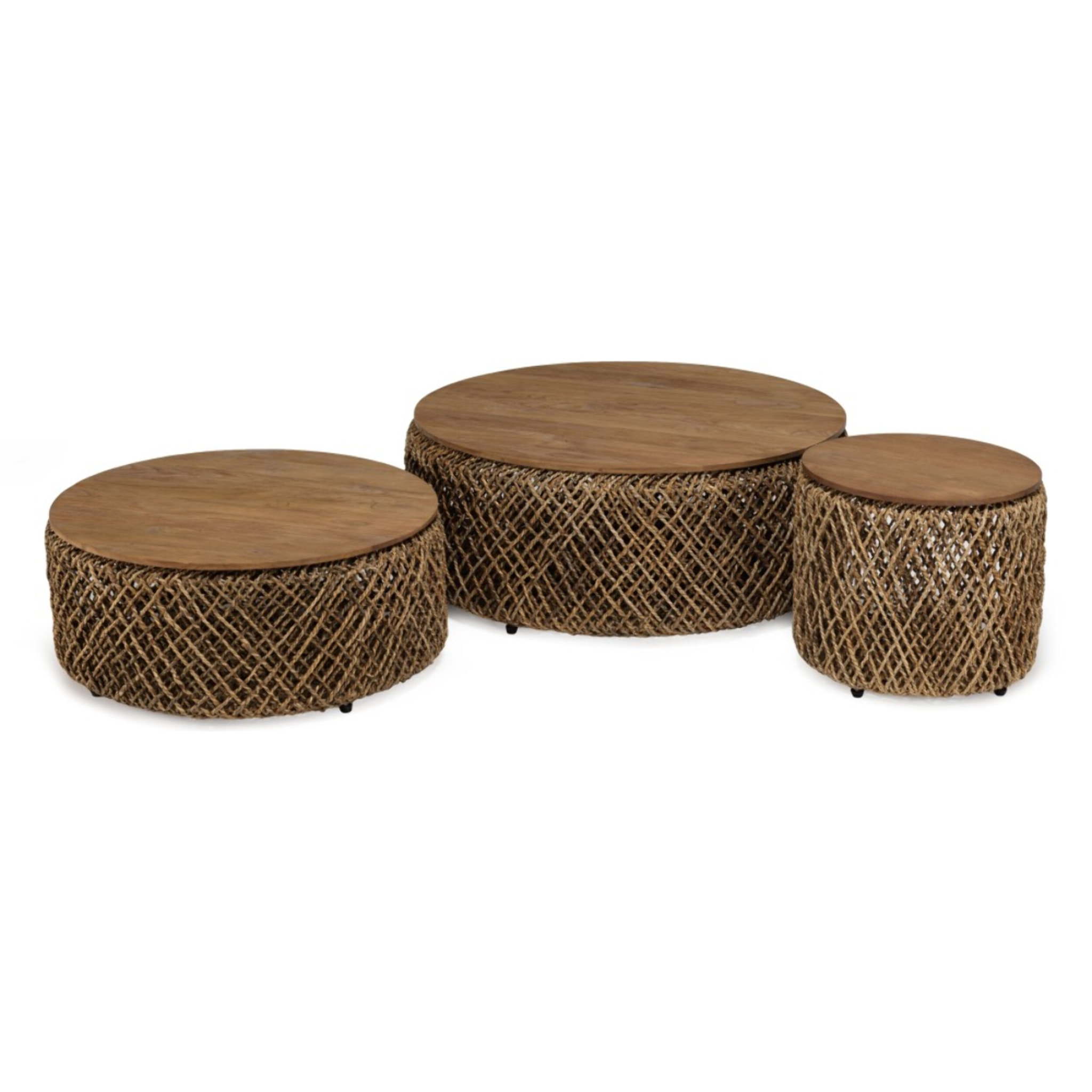 SIXTINE - Set de 3 tables basses rondes tissage de fibre de cocotier