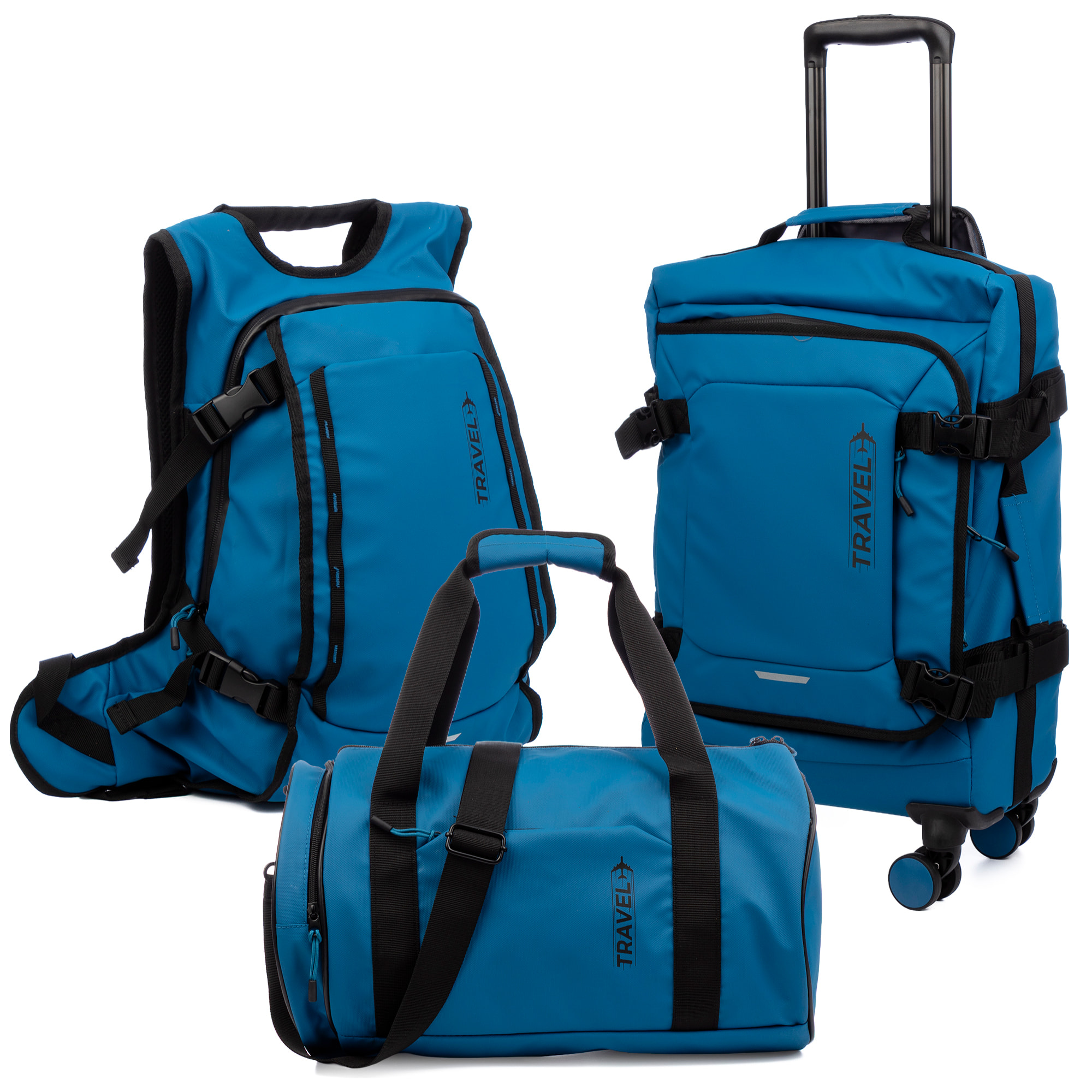 Set di 3 valigie flessibili in tessuto resistente all'acqua, riflettenti e di alta durata.