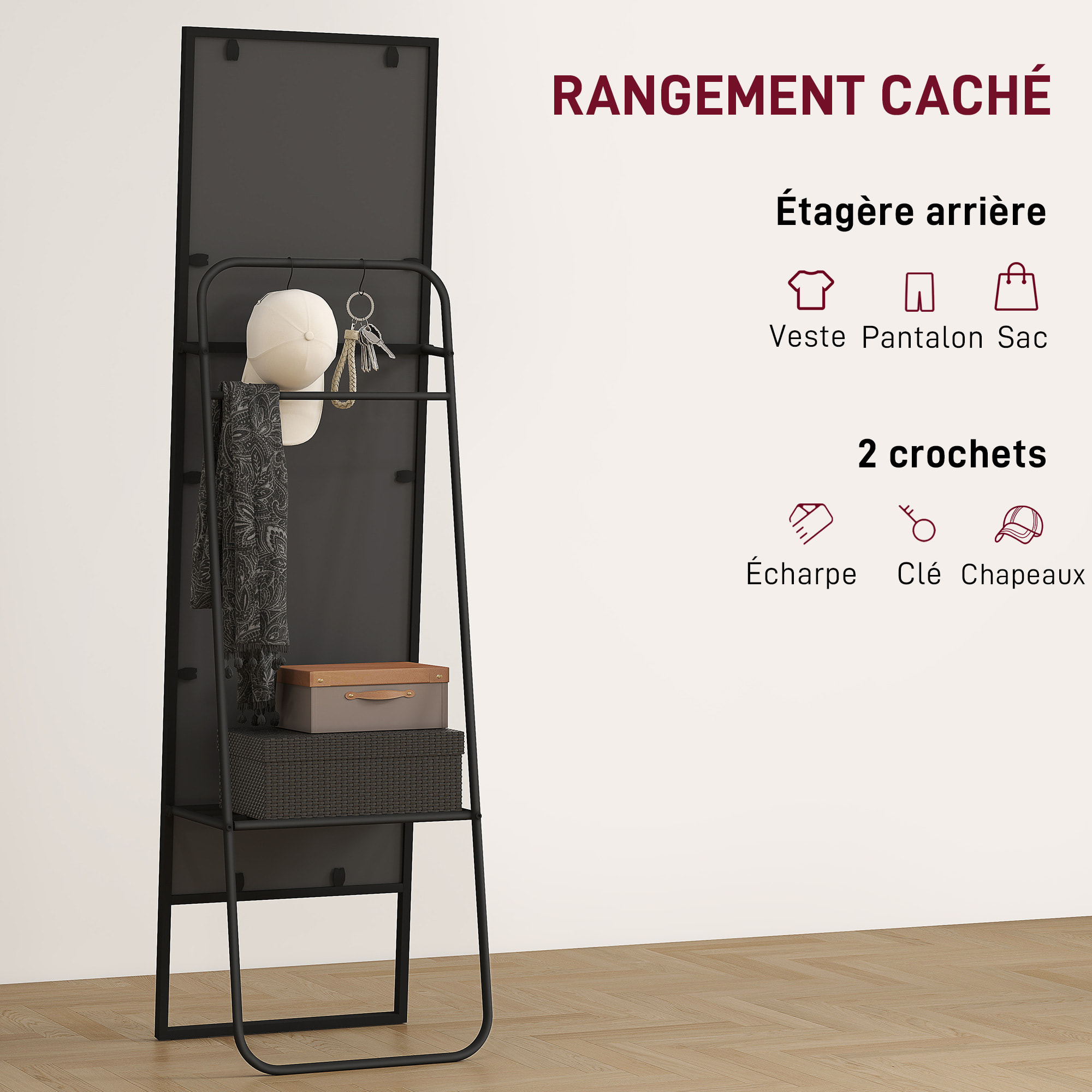 Miroir sur pied avec rangements grande taille dim. 148,5 x 40 cm métal noir
